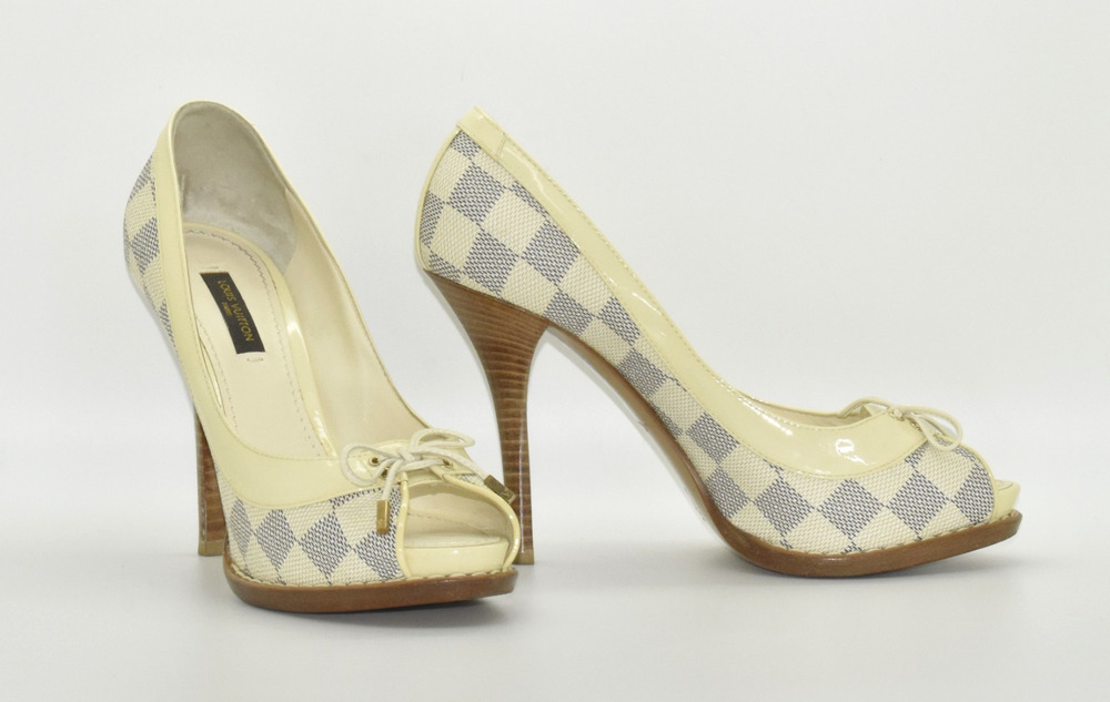F0 Auth LOUIS VUITTON Palm Beach Damier Azur Cream Patent Pumps MA1110 Size 36